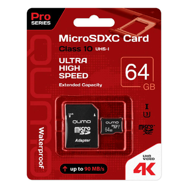 Карта памяти microSDXC [класс 10/UHS-I U3] 64 GB Qumo+ SD адаптер( 90/45 МБ/с)